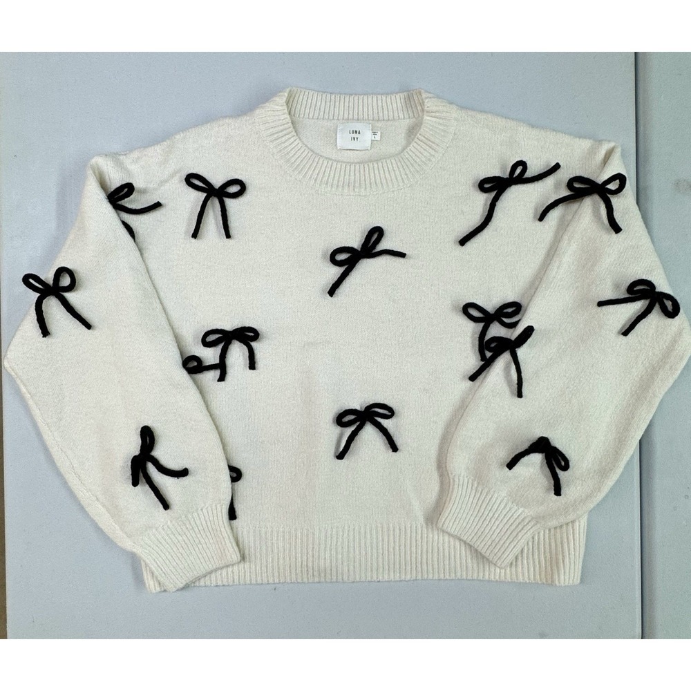Anthropology Luna Ivy White Sweater Black Bows  Large Cottage Feminine Romance